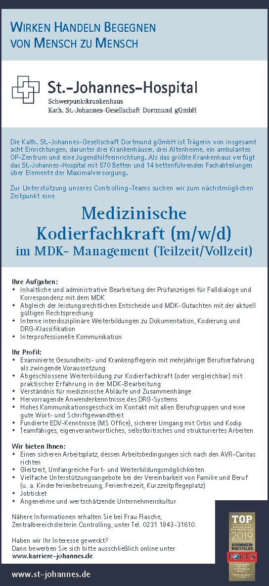 St.-Johannes-Hospital Dortmund: Medizinische Kodierfachkraft (m/w/d)
