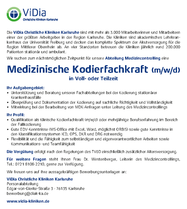 ViDia Christliche Kliniken Karlsruhe: Medizinische Kodierfachkraft (m/w/d)
