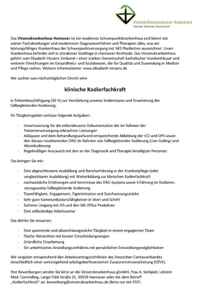 Vinzenzkrankenhaus Hannover: klinische Kodierfachkraft (m/w)