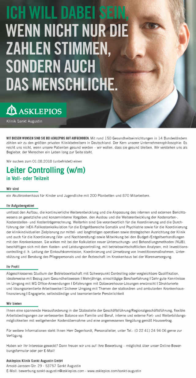 Asklepios-Klinik Sankt Augustin: Leiter Controlling (w/m)