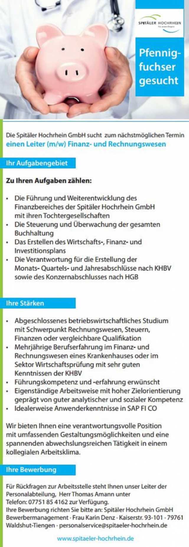 Spitäler Hochrhein GmbH, Waldshut: Leiter Finanz- und Rechnungswesen (m/w)