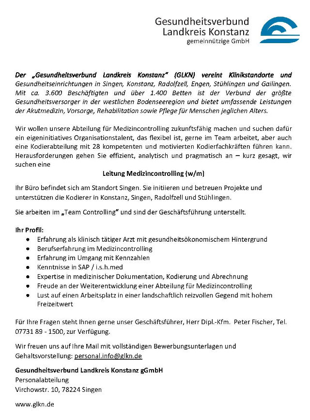 Gesundheitsverbund Landkreis Konstanz gGmbH, Singen: Leitung Medizincontrolling (w/m)