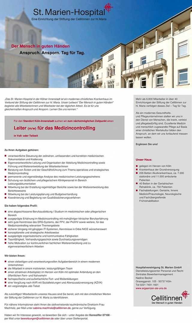 Hospitalvereinigung St. Marien GmbH, Köln: Leitung Medizincontrolling (m/w)