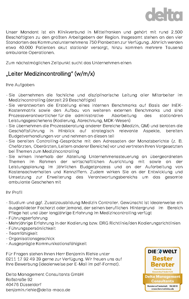 Delta Management Consultants GmbH, Düsseldorf: Leiter Medizincontrolling (w/m/x)