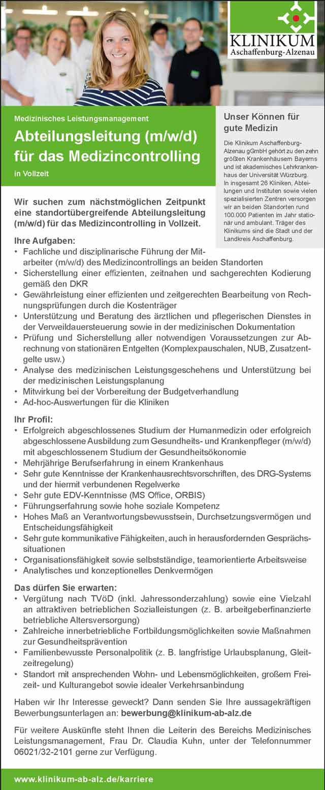 Klinikum Aschaffenburg-Alzenau gGmbH: Abteilungsleitung Medizincontrolling (m/w/d)