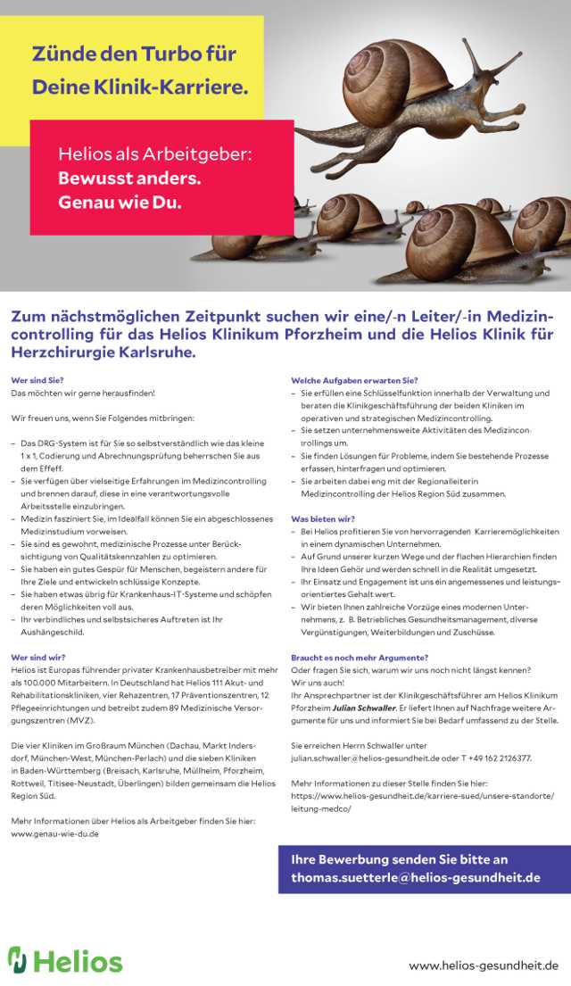 HELIOS Kliniken Pforzheim und Karlsruhe: Leitung Medizincontrolling (m/w)