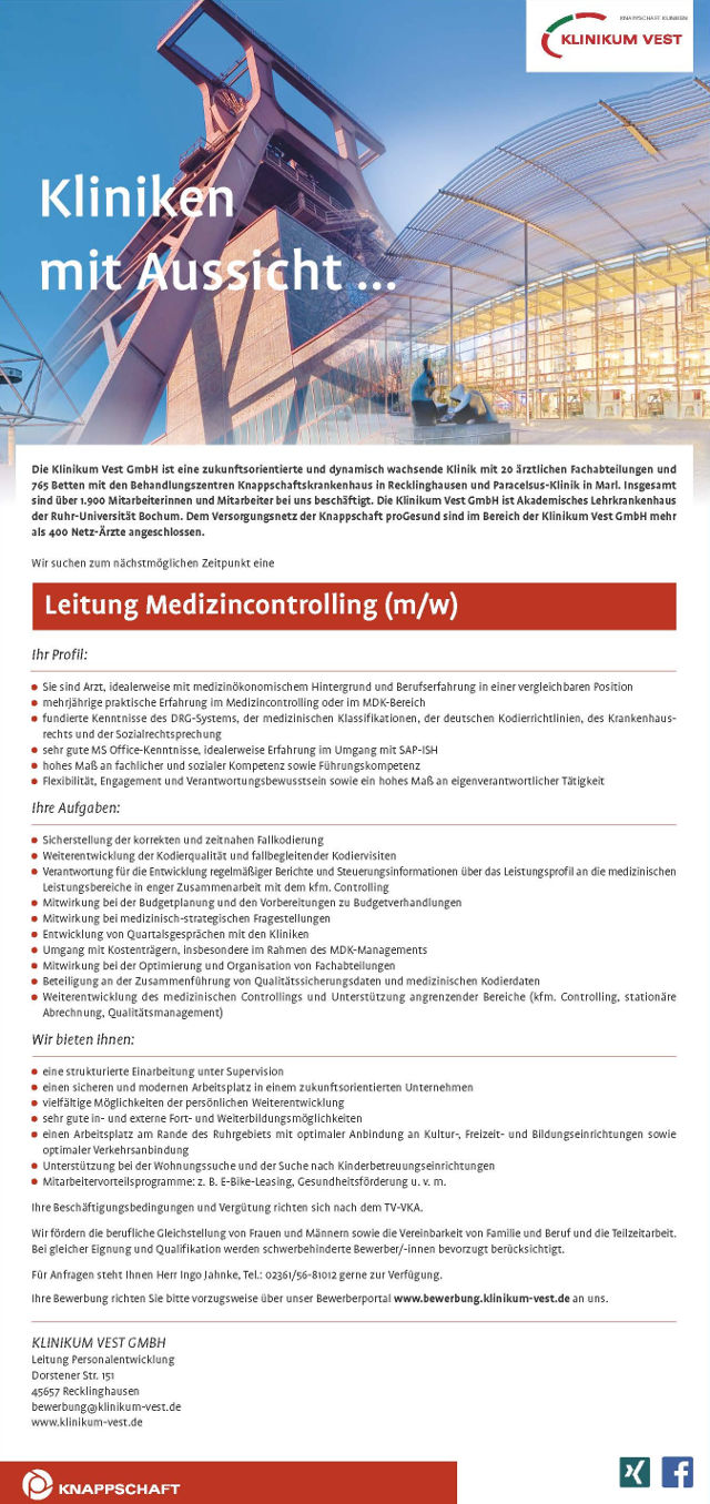 Klinikum Vest GmbH, Recklinghausen: Leitung Medizincontrolling (m/w)