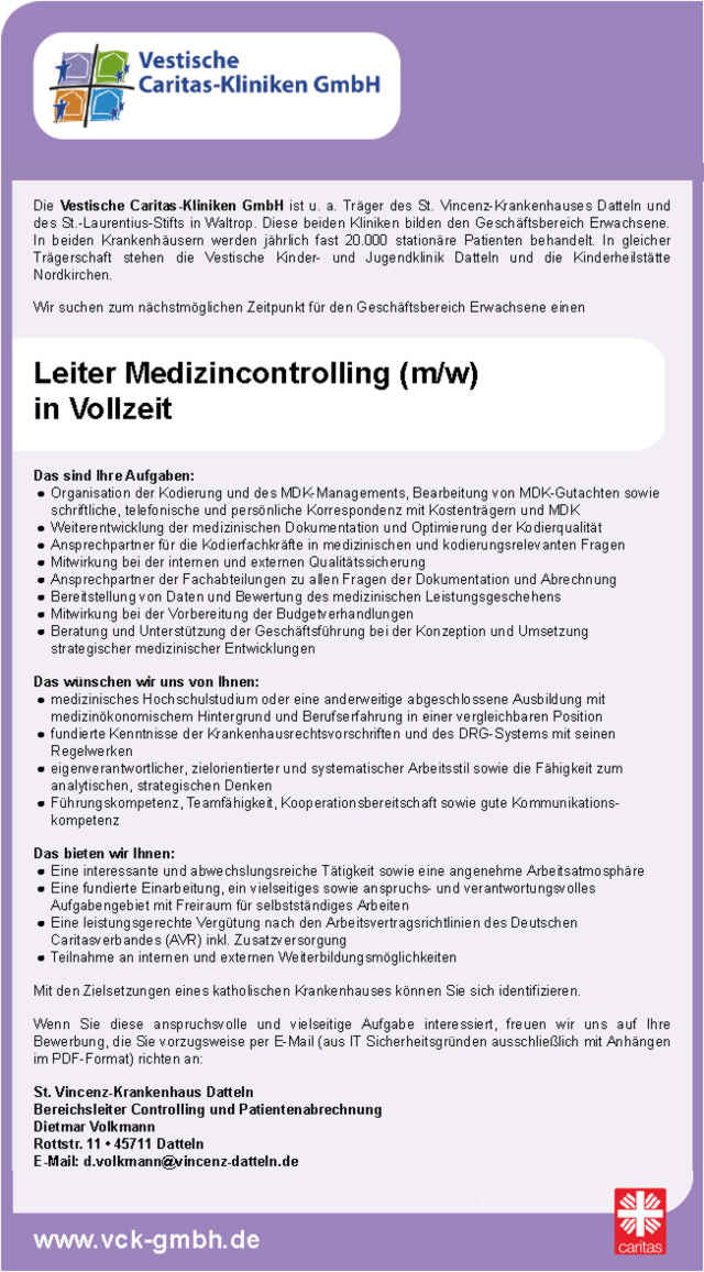 St. Vincenz-Krankenhaus Datteln: Leiter Medizincontrolling (m/w)
