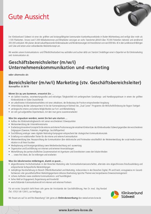 Klinikverbund Südwest: Geschäftsbereichsleiter Unternehmenskommunikation und -marketing (m/w/i)