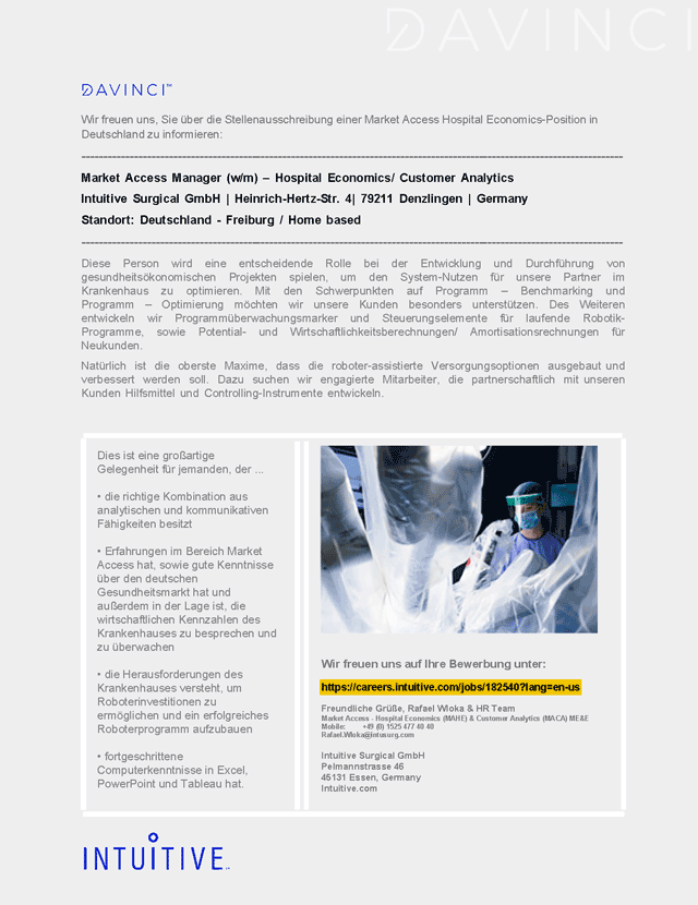 Intuitive Surgical GmbH, Essen: Market Access Manager (w/m)