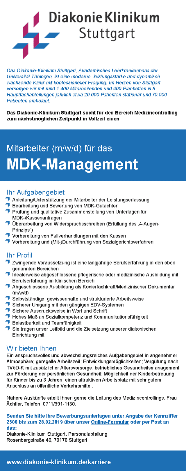 Diakonie-Klinikum Stuttgart: Mitarbeiter MDK-Management (m/w/d)