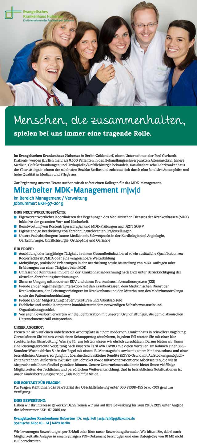 Ev. Krankenhaus Hubertus Berlin: Mitarbeiter MDK-Management (m/w/d)