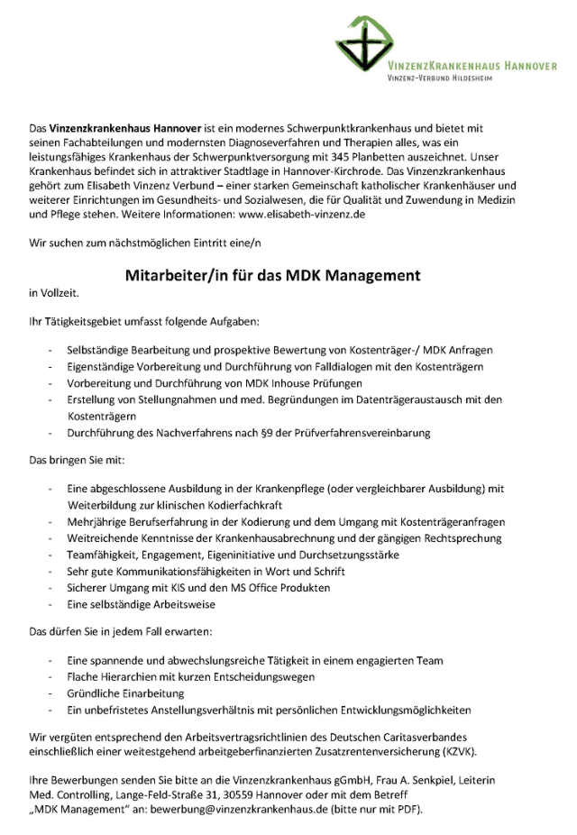 Vinzenzkrankenhaus Hannover: Mitarbeiter MDK Management (m/w)
