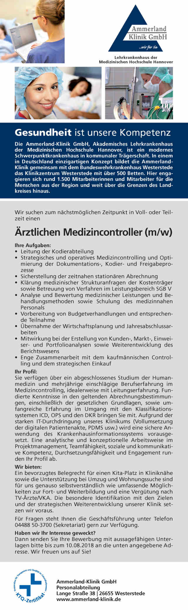 Ammerland-Klinik GmbH Westerstede: Ärztlicher Medizincontroller (m/w)