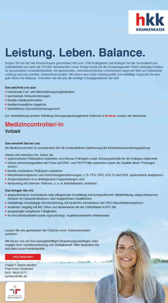 >HKK Krankenkasse Bremen: Medizincontroller (m/w)