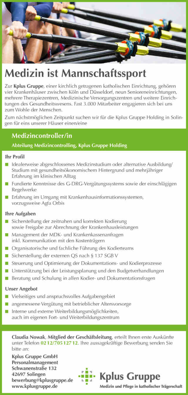 Kplus Gruppe Solingen GmbH: Medizincontroller (m/w)
