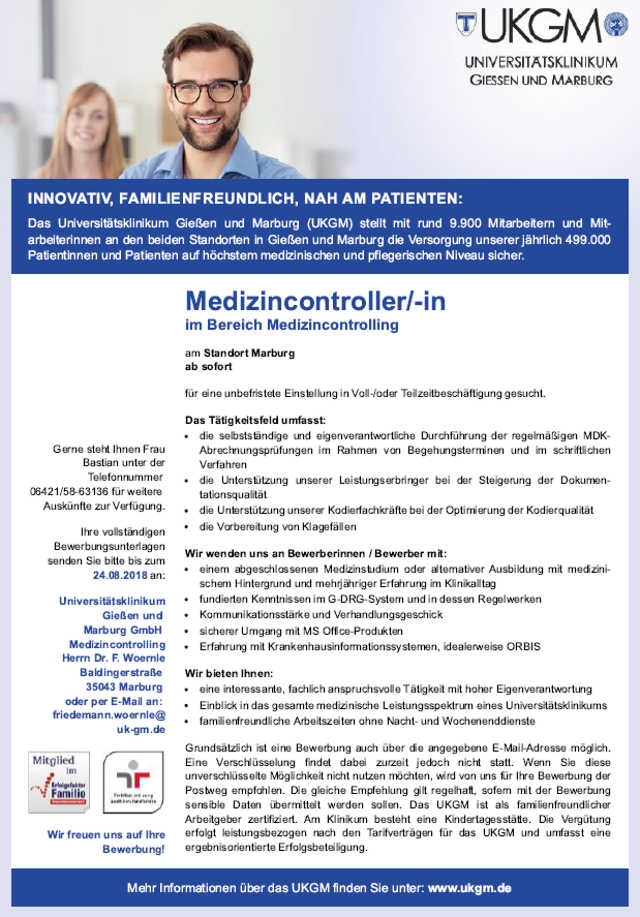 Universitätsklinikum Gießen und Marburg GmbH, Marburg: Medizincontroller (m/w)