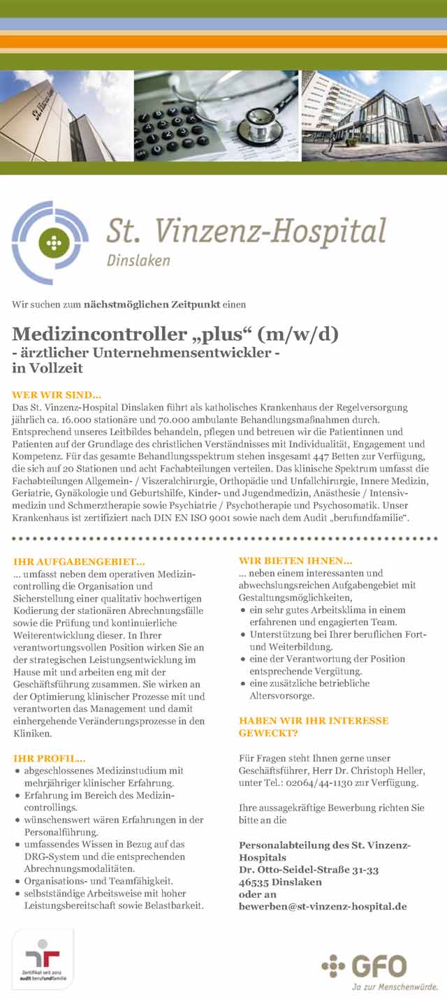 St. Vinzenz-Hospital Dinslaken: Medizincontroller plus Unternehmensentwickler (m/w/d)