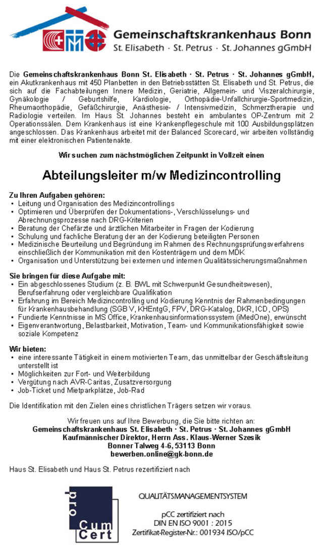 Gemeinschaftskrankenhaus Bonn: Abteilungsleitung Medizincontrolling (m/w)