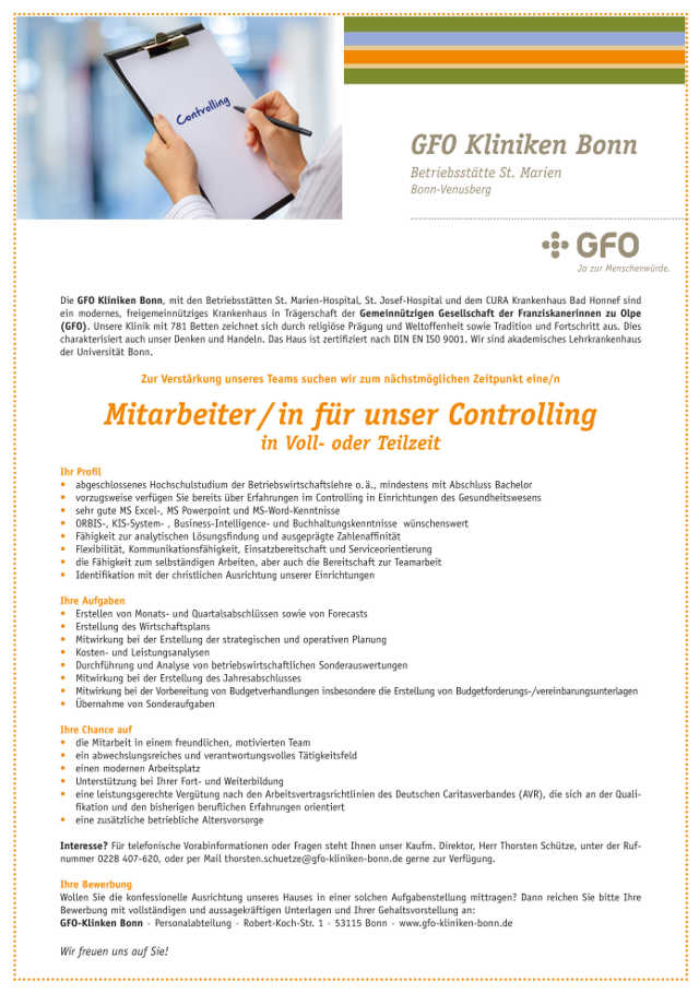 GFO Kliniken Bonn: Mitarbeiter Controlling (m/w)