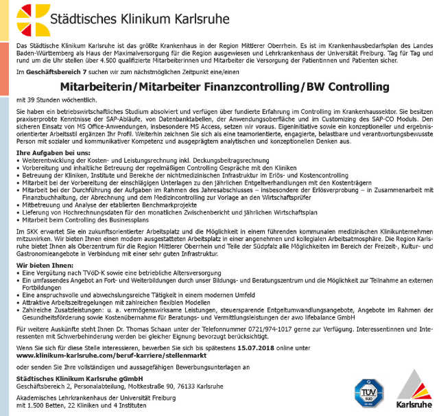 Städtisches Klinikum Karlsruhe gGmbH: Mitarbeiter Finanzcontrolling / BW Controlling (m/w)