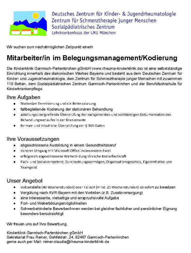 Kinderklink Garmisch-Partenkirchen gGmbH: Mitarbeiter Belegungsmanagement / Kodierung (w/m)