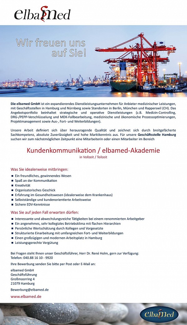 elbamed GmbH, Hamburg: Mitarbeiter Kundenkommunikation / elbamed-Akademie (m/w)