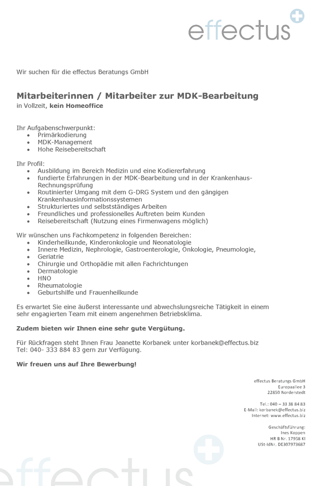 effectus Beratungs GmbH Norderstedt: Mitarbeiter MDK-Bearbeitung (m/w/d)