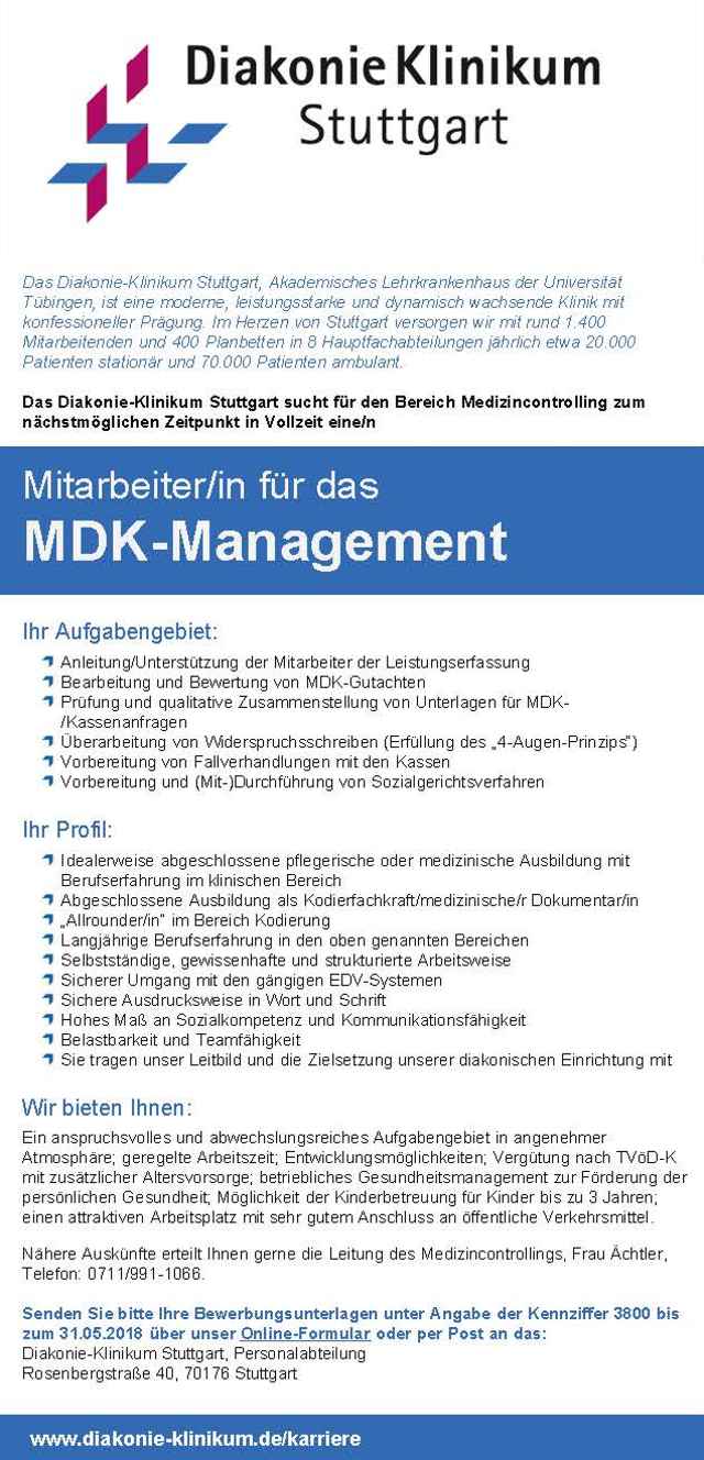Diakonie-Klinikum Stuttgart: Mitarbeiter MDK-Management (m/w)