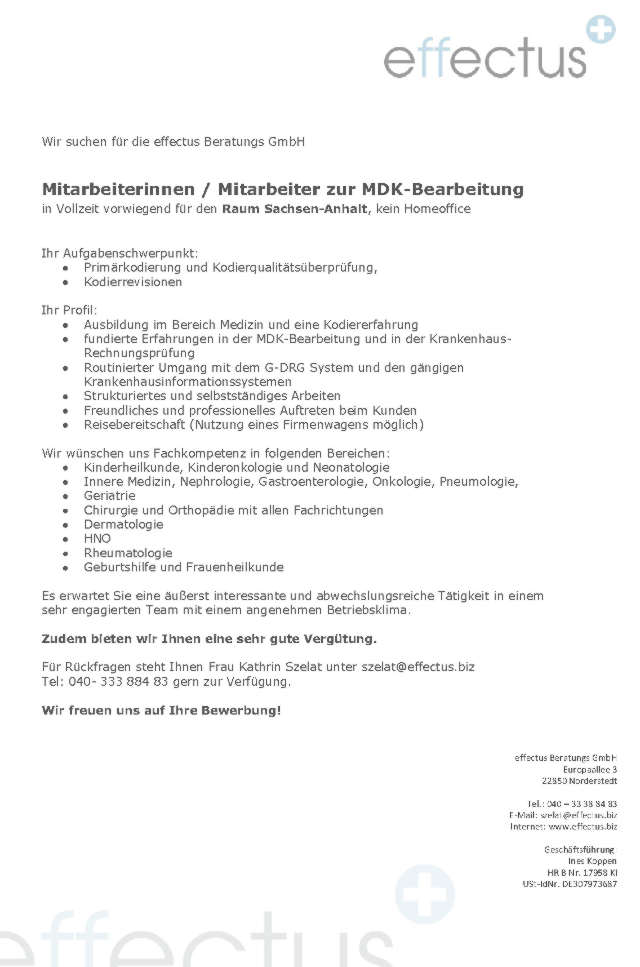 effectus Beratungs GmbH, Norderstedt: Mitarbeiter MDK-Bearbeitung (m/w)