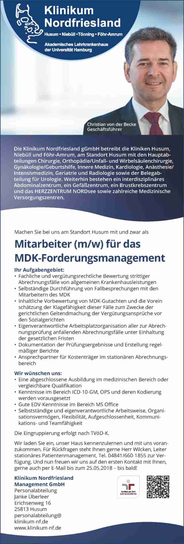 Klinikum Nordfriesland gGmbH, Husum: Mitarbeiter MDK-Forderungsmanagement (m/w)