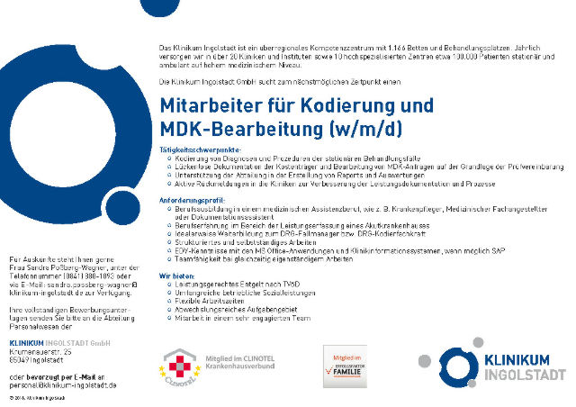 Klinikum Ingolstadt: Mitarbeiter Kodierung u. MDK-Bearbeitung (w/m/d)