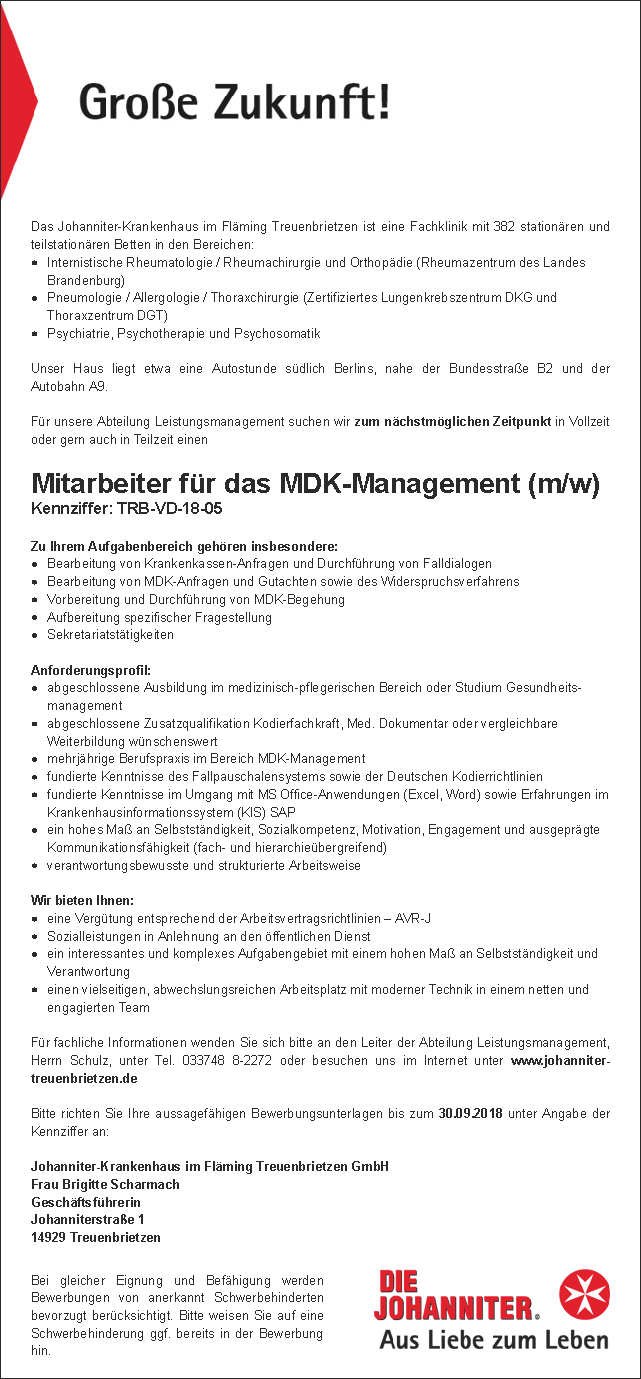 Johanniter Krankenhaus im Fläming Treuenbrietzen GmbH: Mitarbeiter für das MDK-Management (m/w)