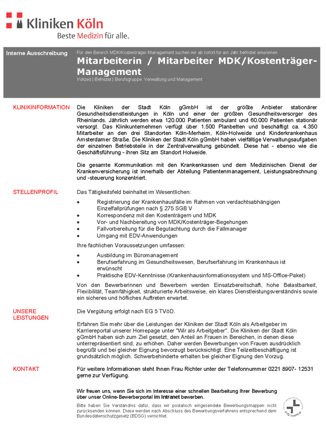 Kliniken der Stadt Köln gGmbH: MDK / Kostenträger-Management (w/m)