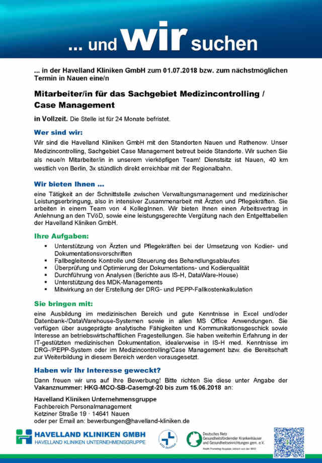 Havellandkliniken GmbH, Nauen: Mitarbeiter Medizincontrolling / Case Management (m/w)