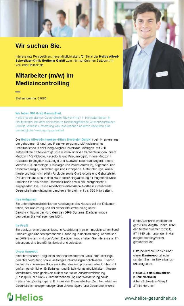 Helios Albert-Schweitzer-Klinik Northeim GmbH: Mitarbeiter Medizincontrolling (m/w)