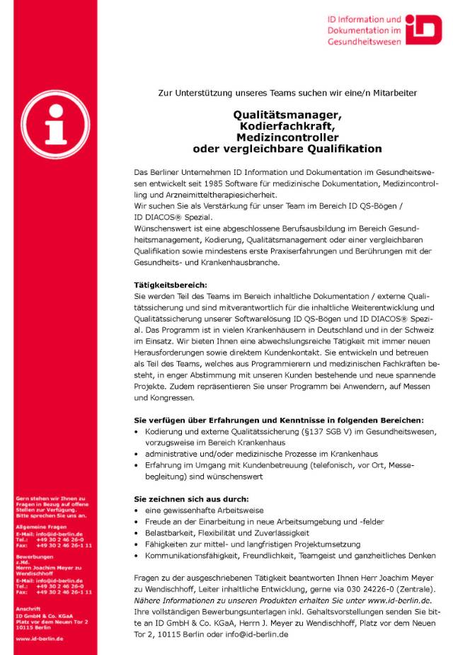 ID GmbH & Co. KGaA, Berlin: Mitarbeiter Medizincontrolling (m/w)