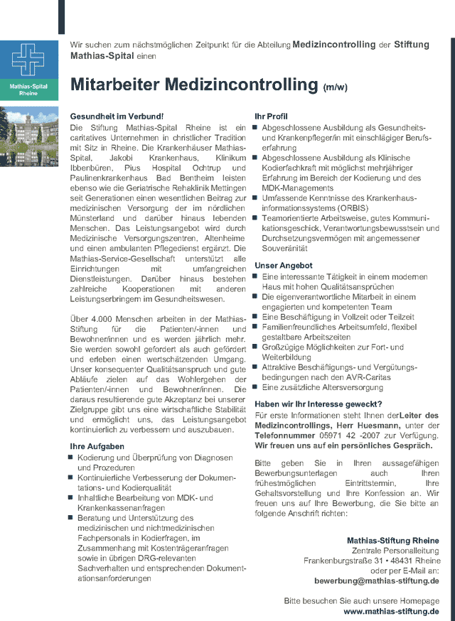 Stiftung Mathias-Spital Rheine: Mitarbeiter Medizincontrolling (m/w)