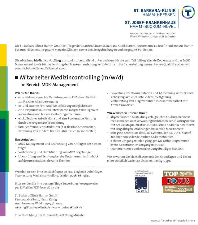 St. Barbara-Klinik Hamm GmbH: Mitarbeiter Medizincontrolling im Bereich MDK-Management (m/w/d)