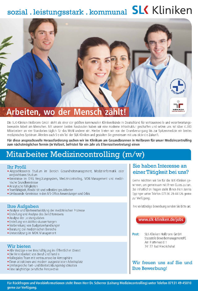 SLK-Kliniken Heilbronn GmbH: Mitarbeiter Medizincontrolling (m/w)