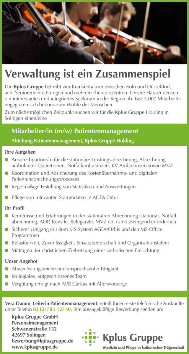 Kplus Gruppe, Solingen: Mitarbeiter Patientenmanagement (m/w)