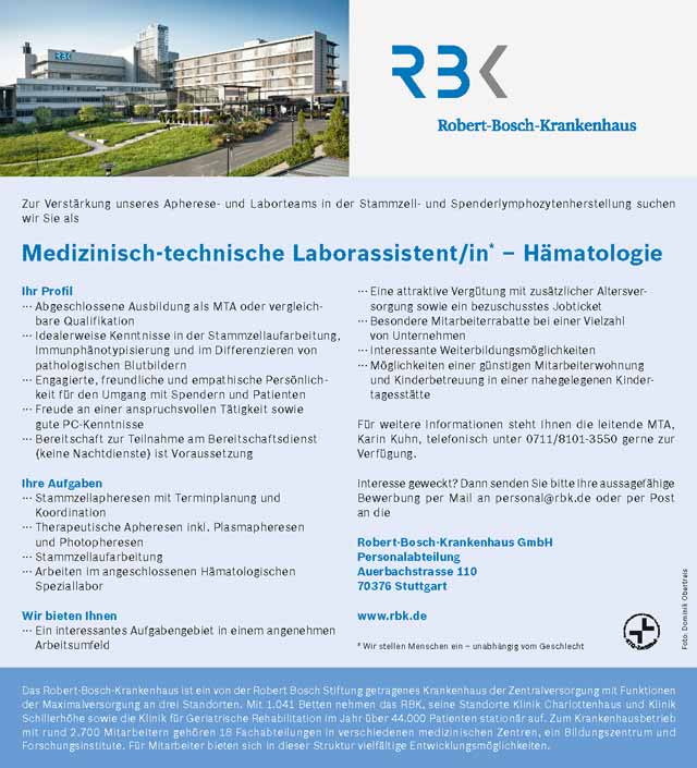 Robert-Bosch-Krankenhaus GmbH Stuttgart: Medizinisch-technischer Laborassistent (m/w/d)