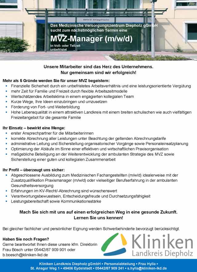 Kliniken Landkreis Diepholz gGmbH: MVZ-Manager (m/w/d)