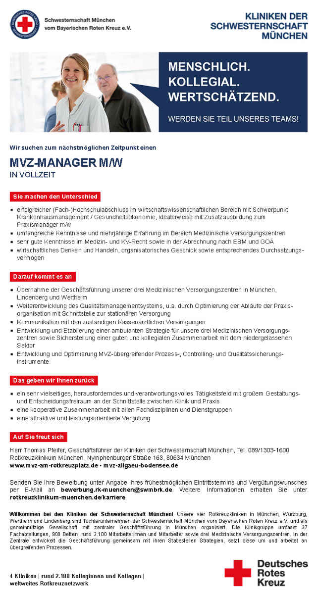Kliniken der Schwesternschaft München: MVZ-Manager (m/w)