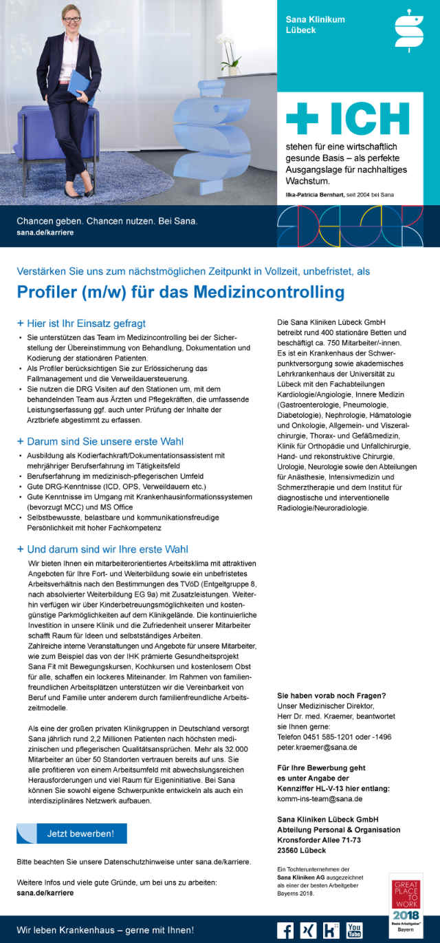 Sana Kliniken Lübeck GmbH: Profiler im Medizincontrolling (m/w)