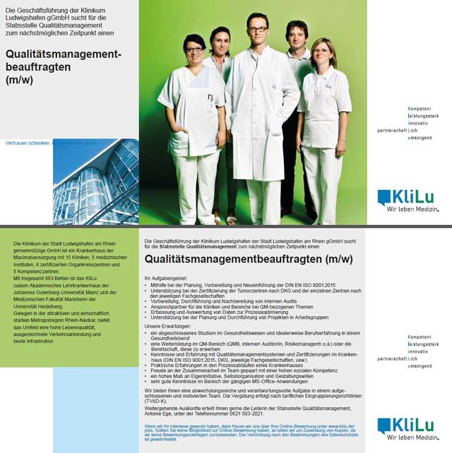 Klinikum Ludwigshafen gGmbH: Qualitätsmanagementbeauftragter (m/w)