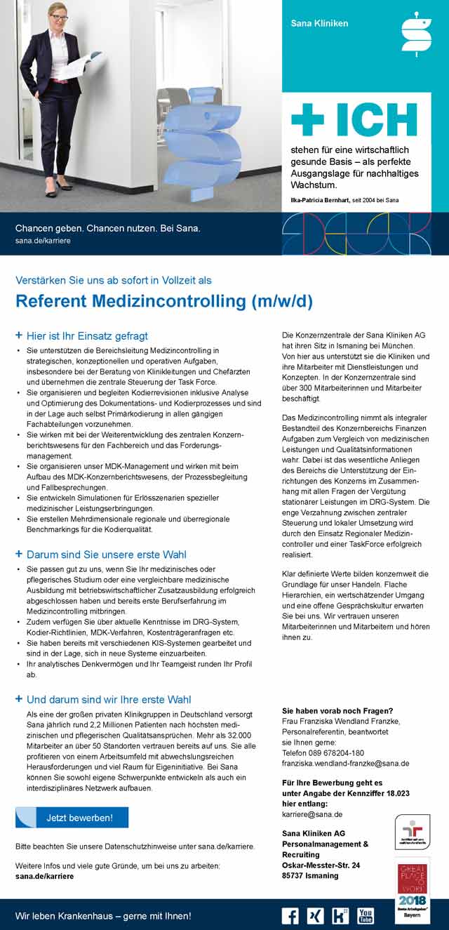 Sana Kliniken AG, Ismaning: Referent Medizincontrolling (m/w/d)