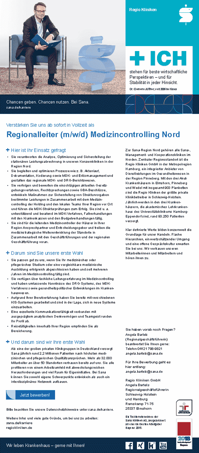 Regio Kliniken Elmshorn: Regionalleiter Medizincontrolling Nord (m/w/d)