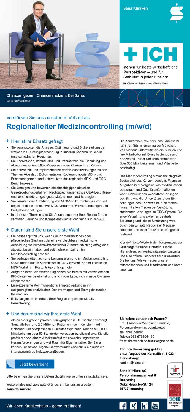 Sana Kliniken AG, Ismaning: Regionalleiter Medizincontrolling (m/w/d)