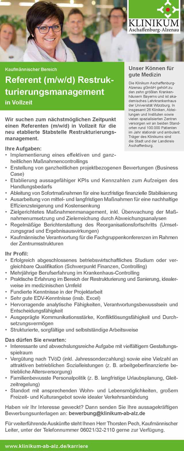 Klinikum Aschaffenburg-Alzenau gGmbH: Referent Restrukturierungsmanagement (m/w/d)